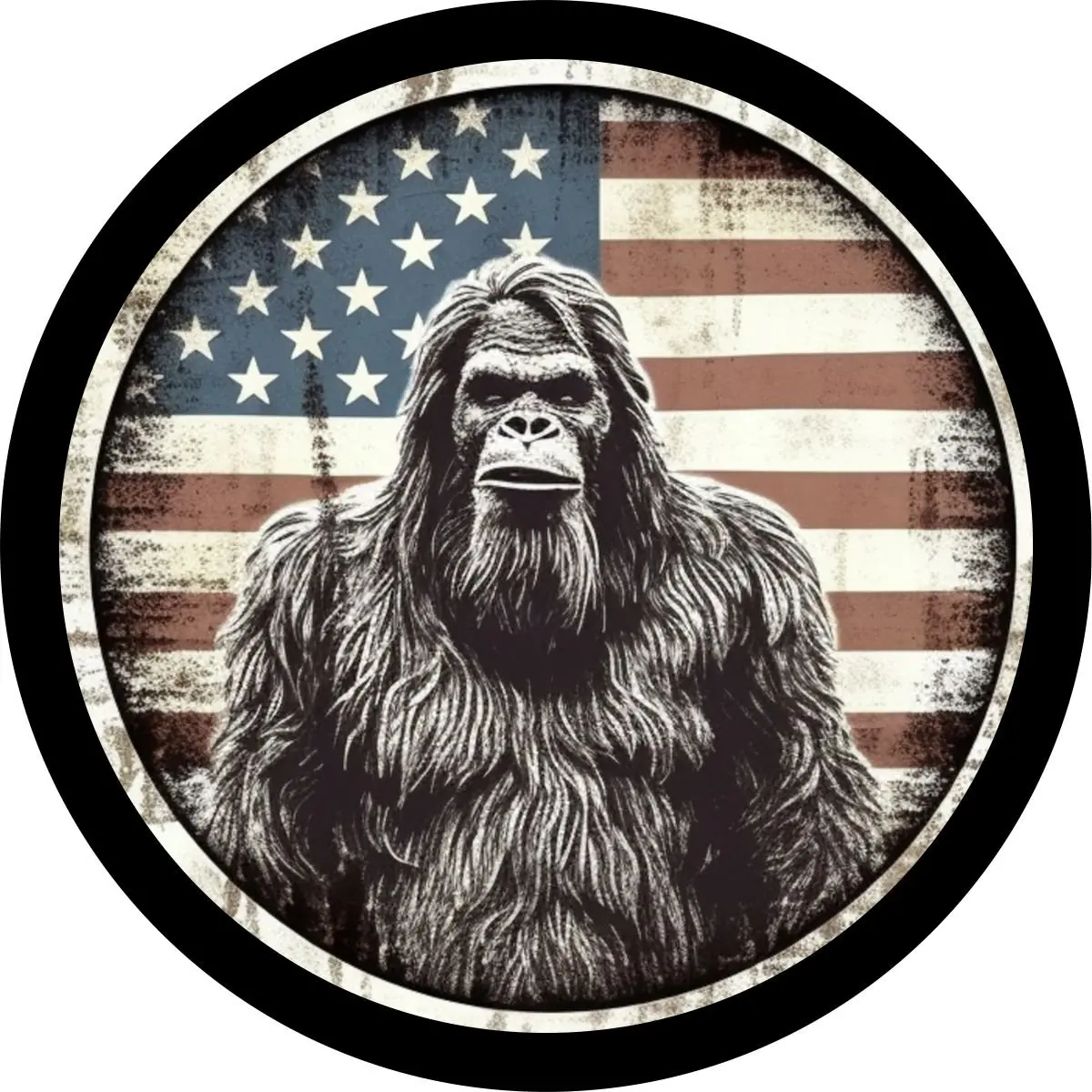 American Flag  Bigfoot Portrait - Sasquatch Spare Tire Cover For Bronco, Rv, Jeep, Camper, Van 1