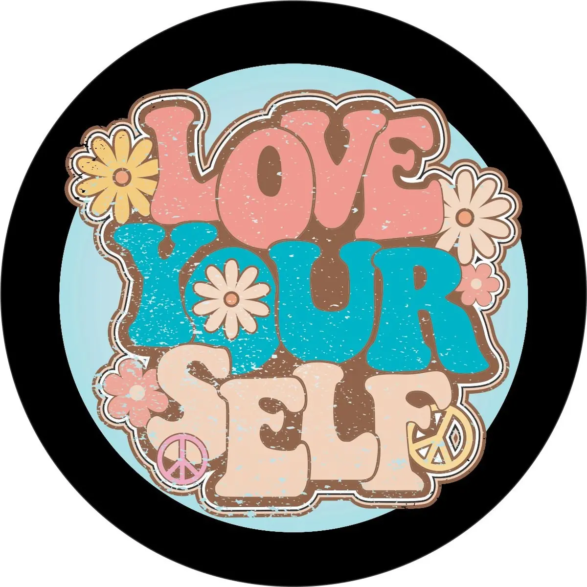Distressed Love Yourself With Flower Spare Tire Cover For Jeep, Bronco, Rv, Camper, Trailer, & More 1