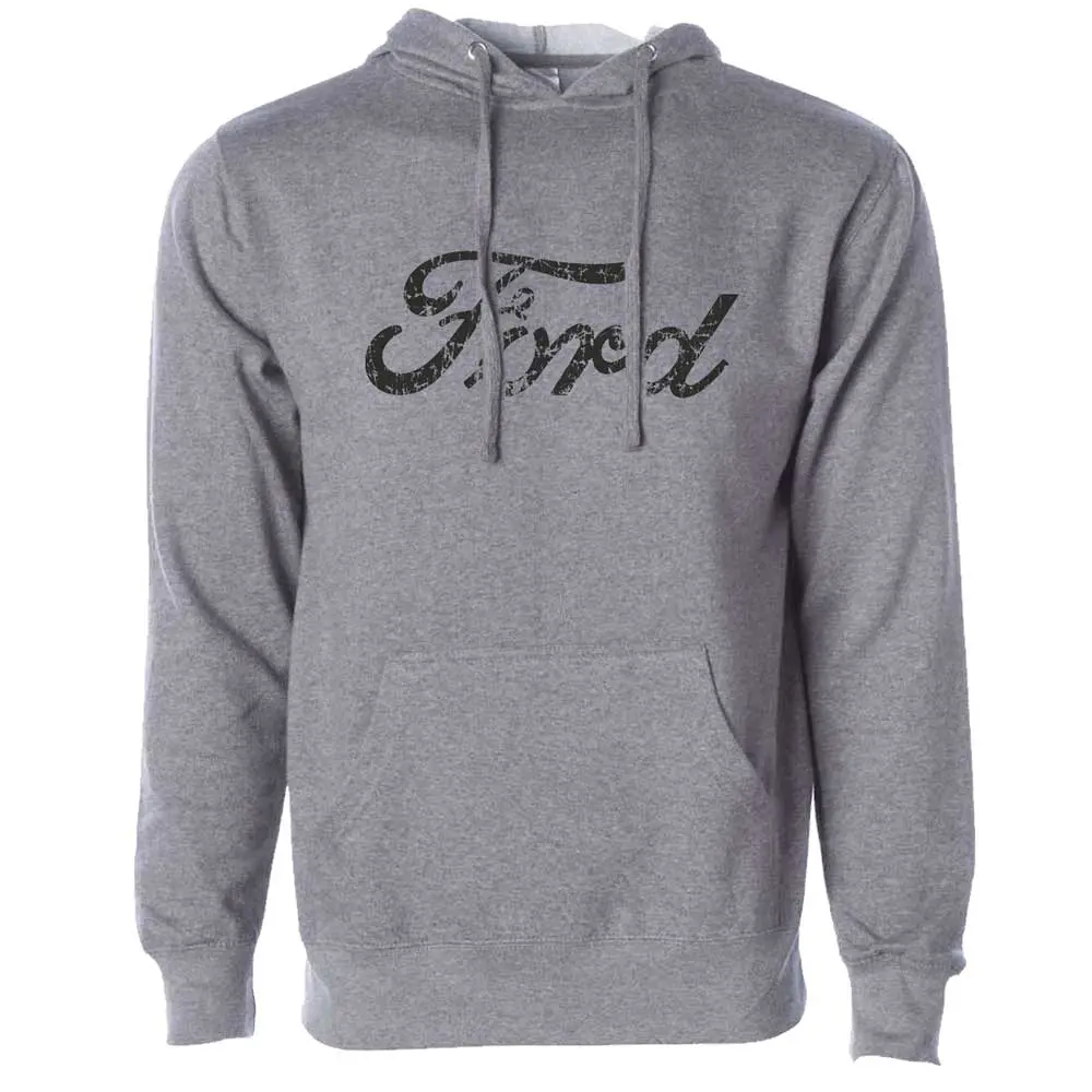 Hoodie - Mens Ford Distressed Text - Heather Grey 1