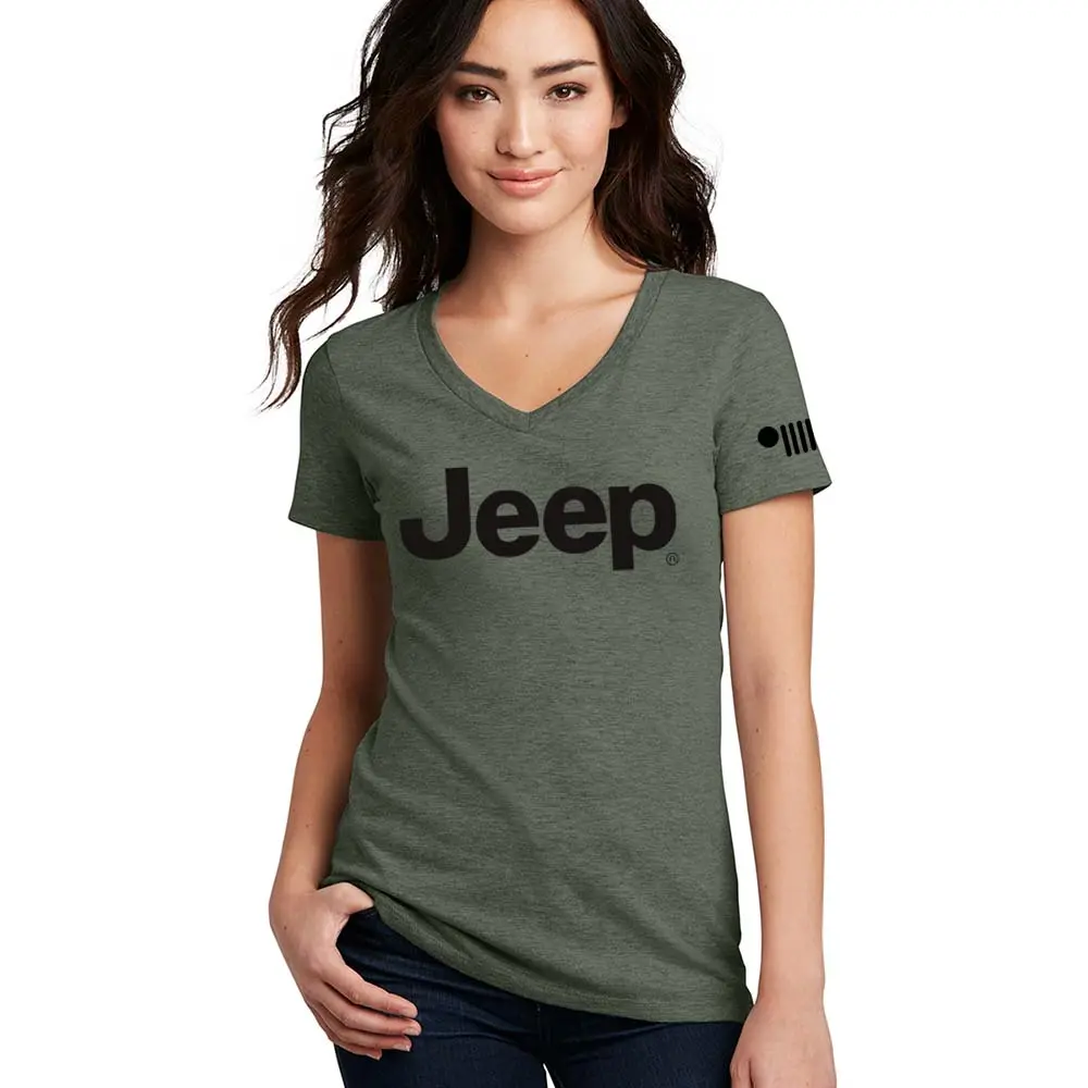 Ladies V-Neck Jeep® Text - Military Green 1