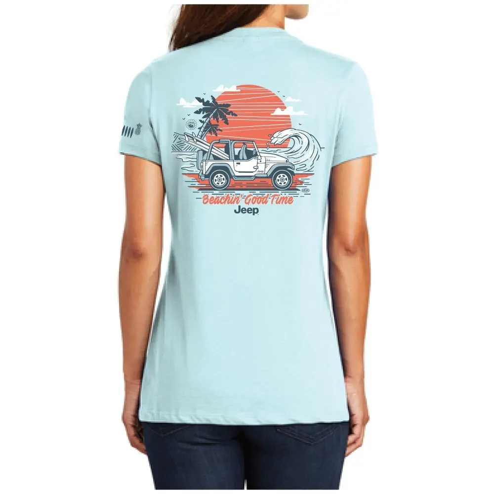 Ladies V-Neck Jeep® Wrangler Beachin' Good Time - Seaglass Blue 1