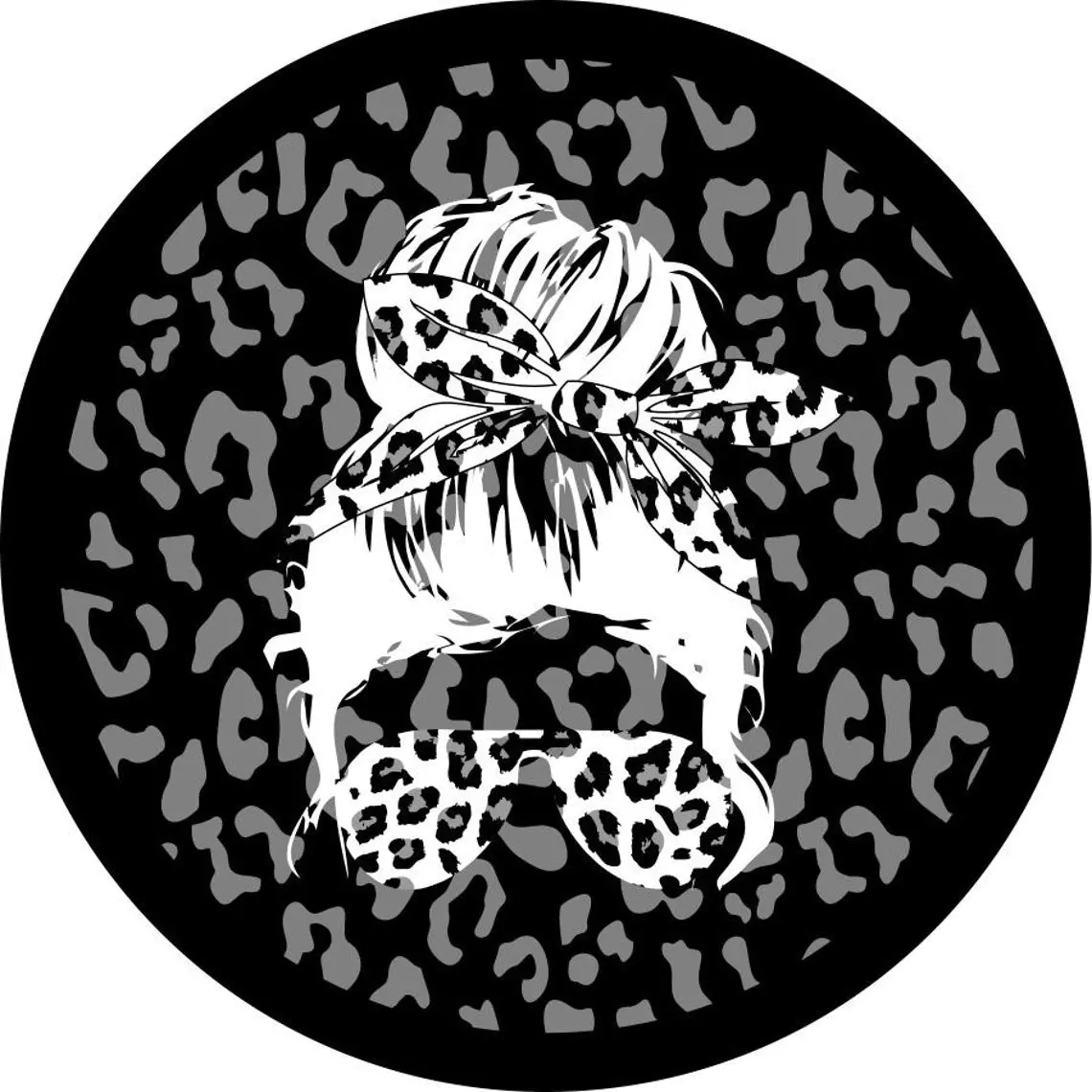 Leopard Print Spare Tire Cover With Top Knot Girl Silhouette Design 1