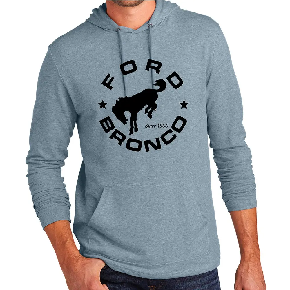 Long Sleeve Hooded T-Shirt - Ford Bronco Circle - Flint Blue Heather 1