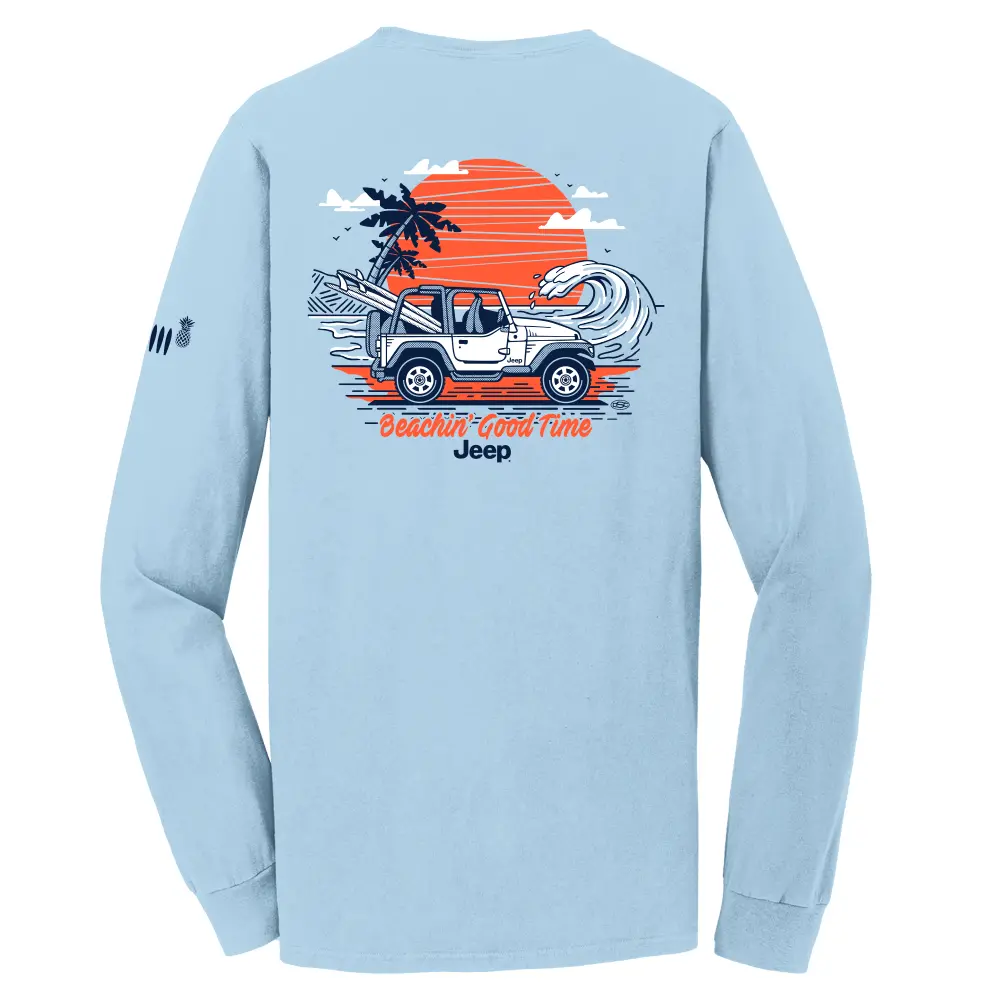 Mens Long Sleeve T-Shirt  Jeep® Wrangler Beachin' Good Time - Beach Wash Glacier Blue 1