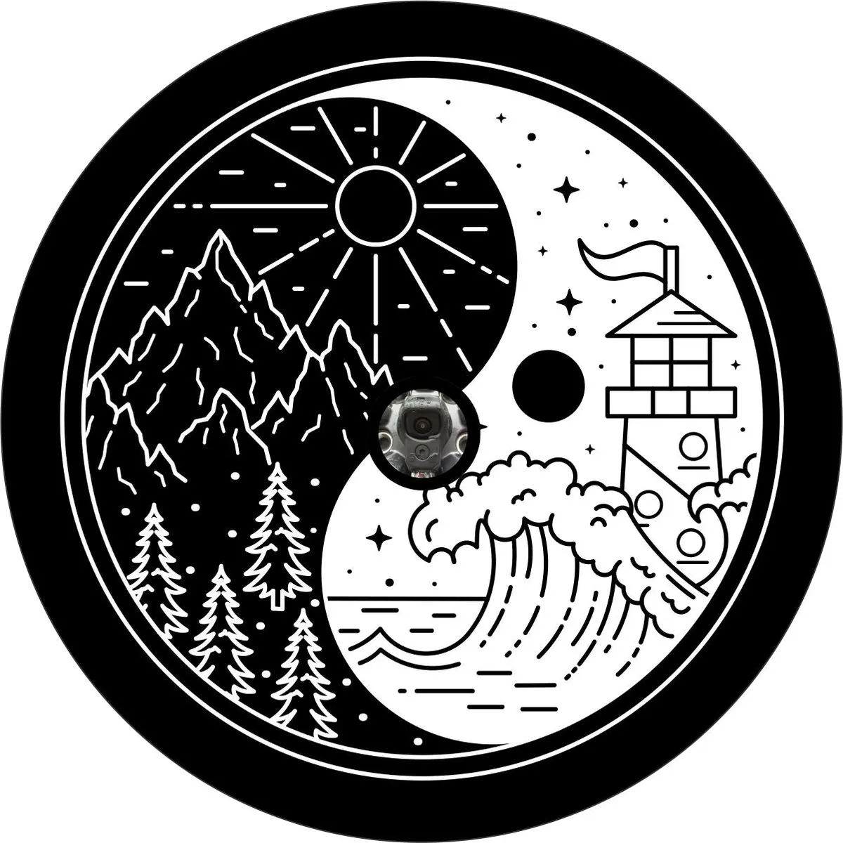 Mountains Meet Ocean Yin Yang Spare Tire Cover - Jeep, Bronco, Rv, Camper, Trailer, Fj Cruiser, & More 3