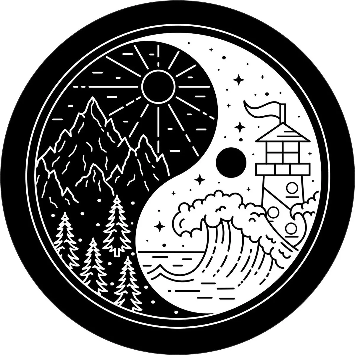 Mountains Meet Ocean Yin Yang Spare Tire Cover - Jeep, Bronco, Rv, Camper, Trailer, Fj Cruiser, & More 1