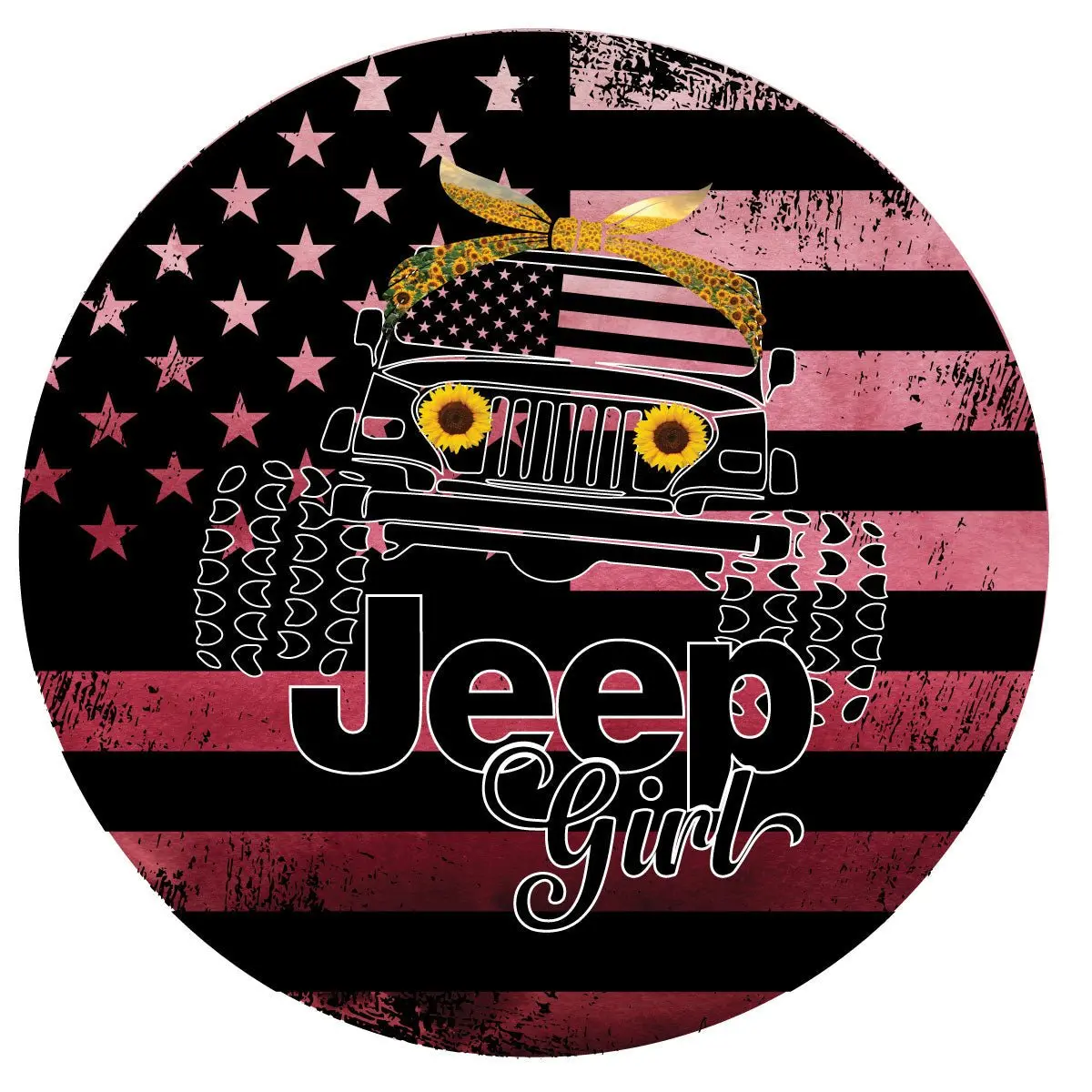 Ombre Pink Jeep Girl Sunflower & American Flag Cute Spare Tire Cover For Jeep Wrangler 1