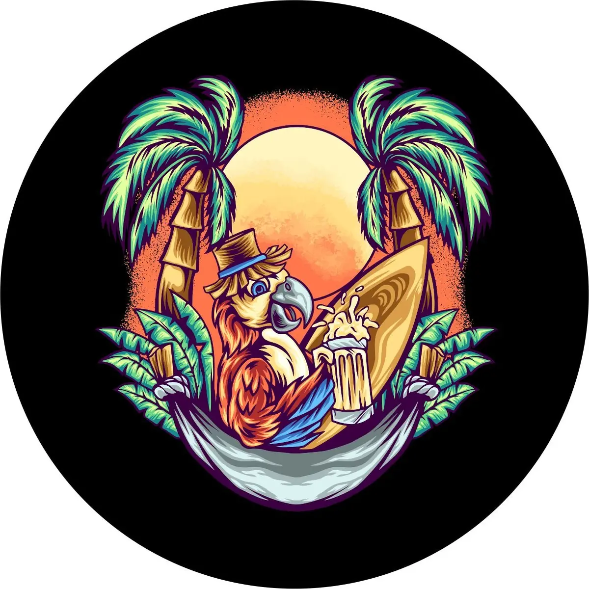 Parrot In A Hammock At Sunset Spare Tire Cover - Jeep, Bronco, Rv, Camper, Trailer, Etc. 1