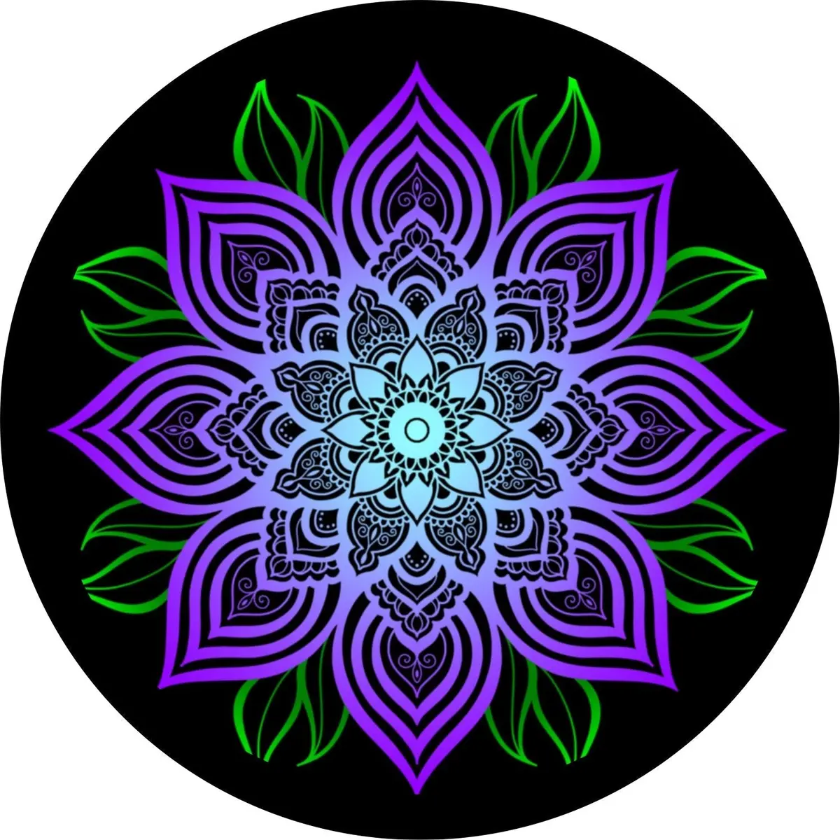 Purple Mandala Flower With Green Leaves Spare Tire Cover For Any Vehicle, Make, Model And Size 1
