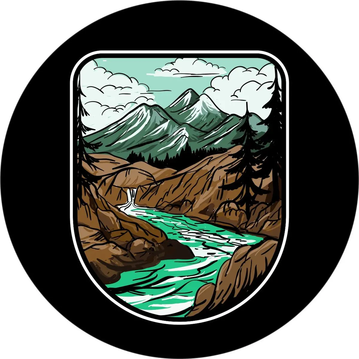 River In The Mountains Art Graphic Spare Tire Cover Design For Jeep, Rv, Bronco, Camper & More 1
