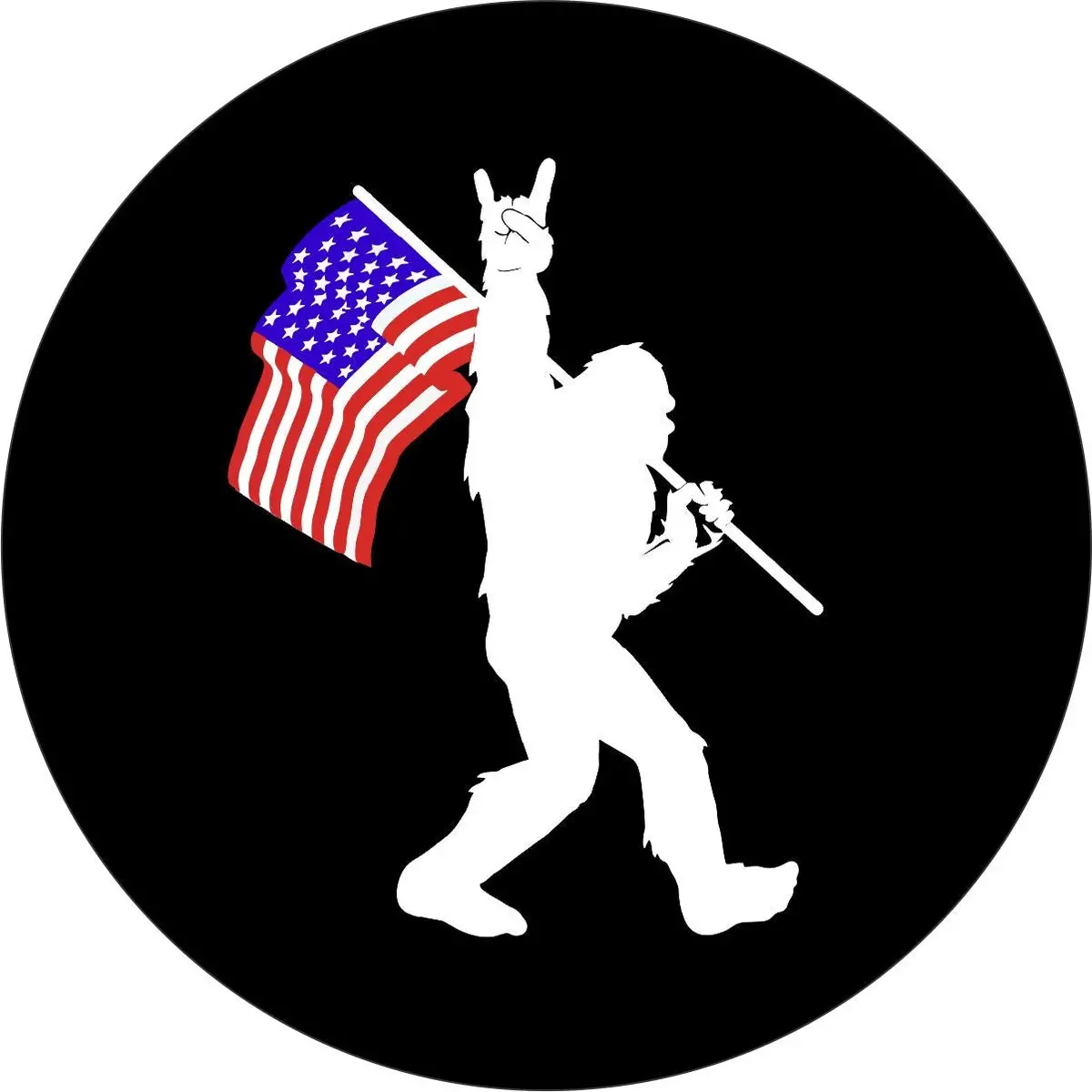 Rock On Bigfoot Sasquatch American Flag ( Color ) Spare Tire Cover For Bronco, Jeep, Rv Camper, & More 1