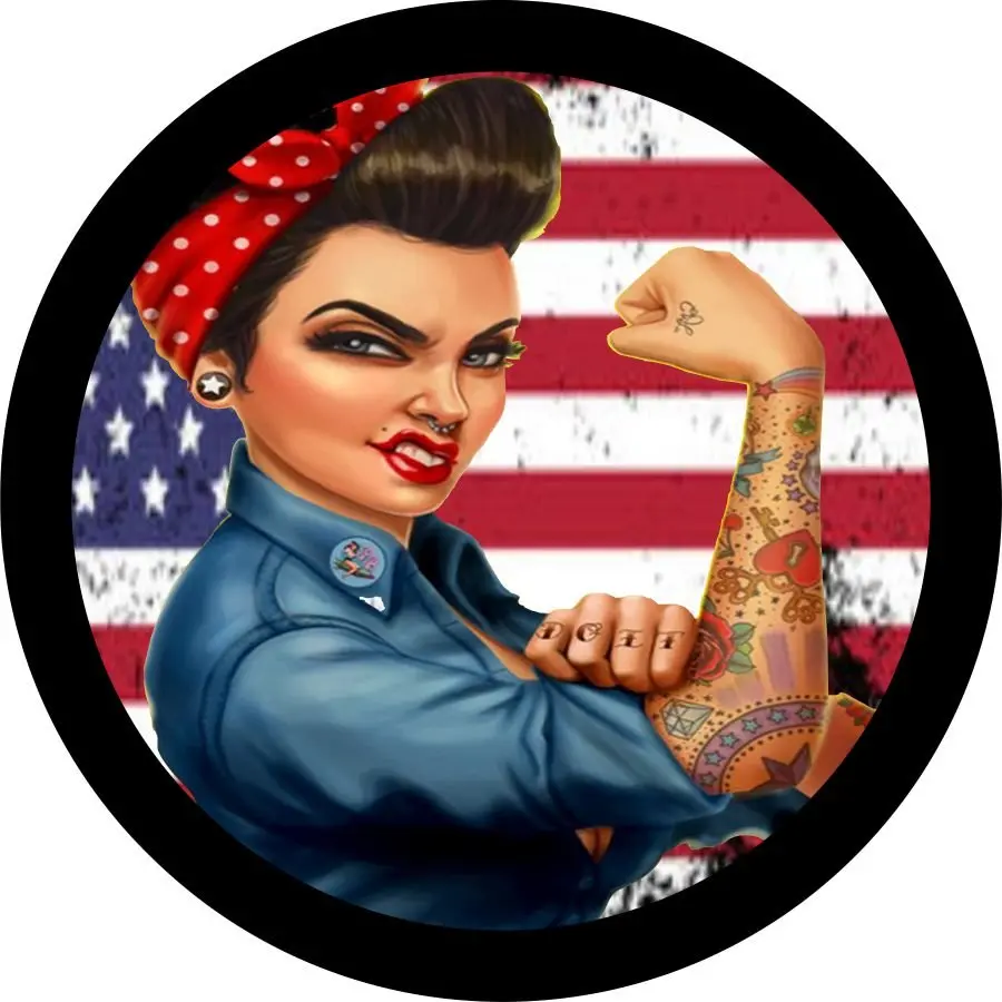 Rosie The Riveter Distressed American Flag Spare Tire Cover 1
