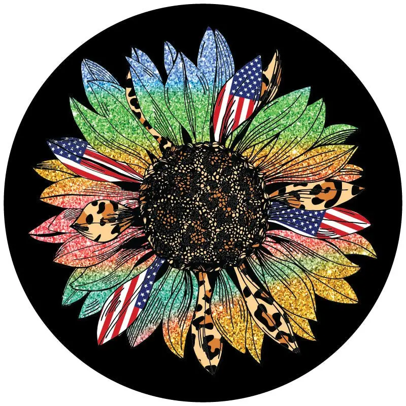 Sunflower Gone Wild - Cheetah Print, Rainbow Sparkles, American Flag Spare Tire Cover 1