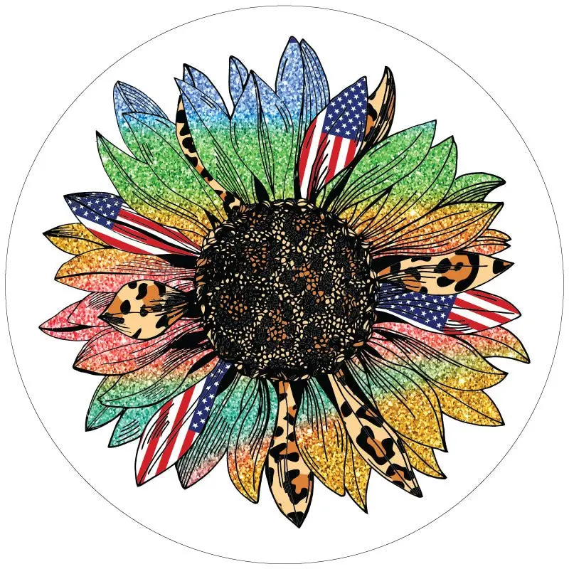 Sunflower Gone Wild - Cheetah Print, Rainbow Sparkles, American Flag Spare Tire Cover 2