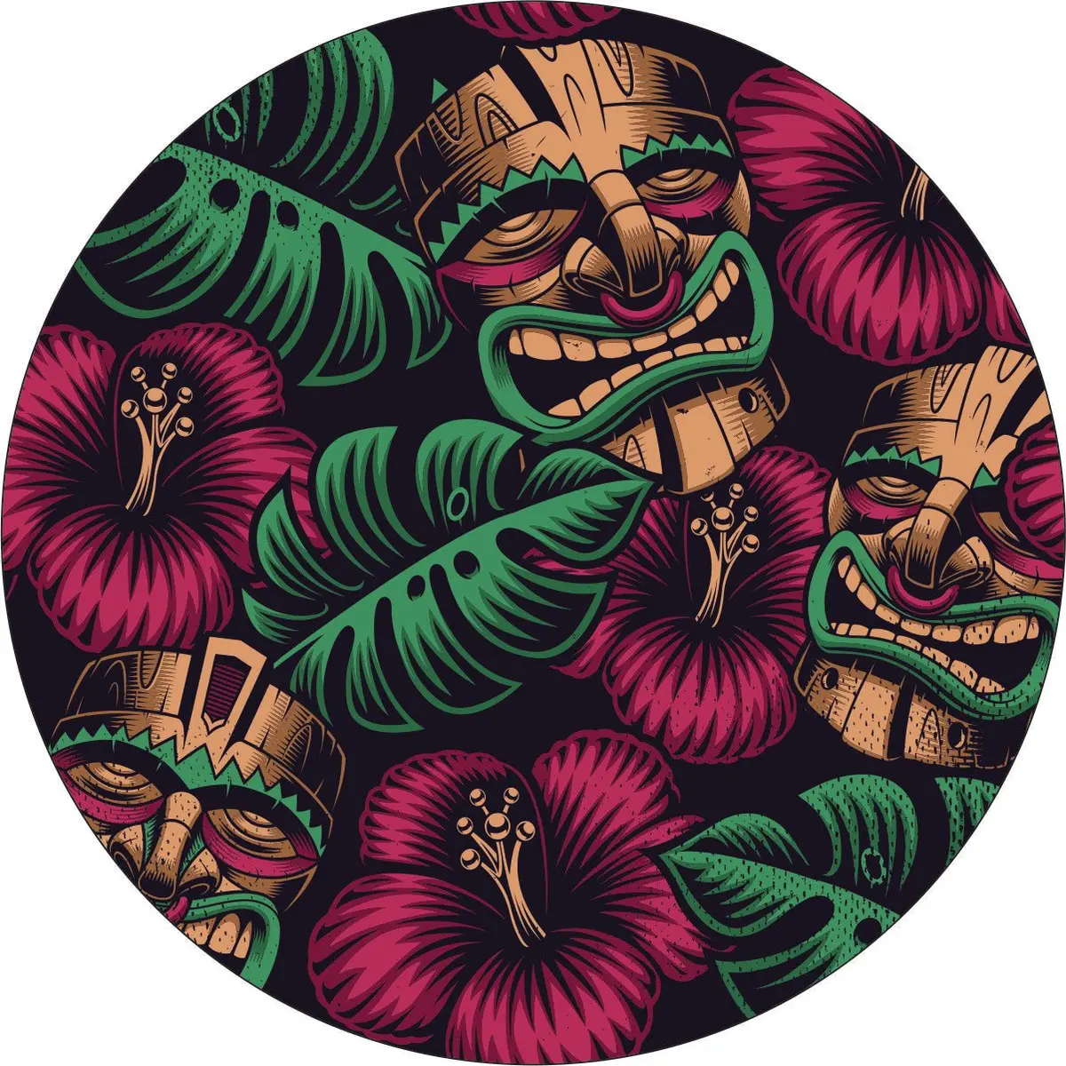 Tiki Mask Tropical Flowers Creative Spare Tire Cover | Jeep, Rv, Camper, Bronco, & More 1