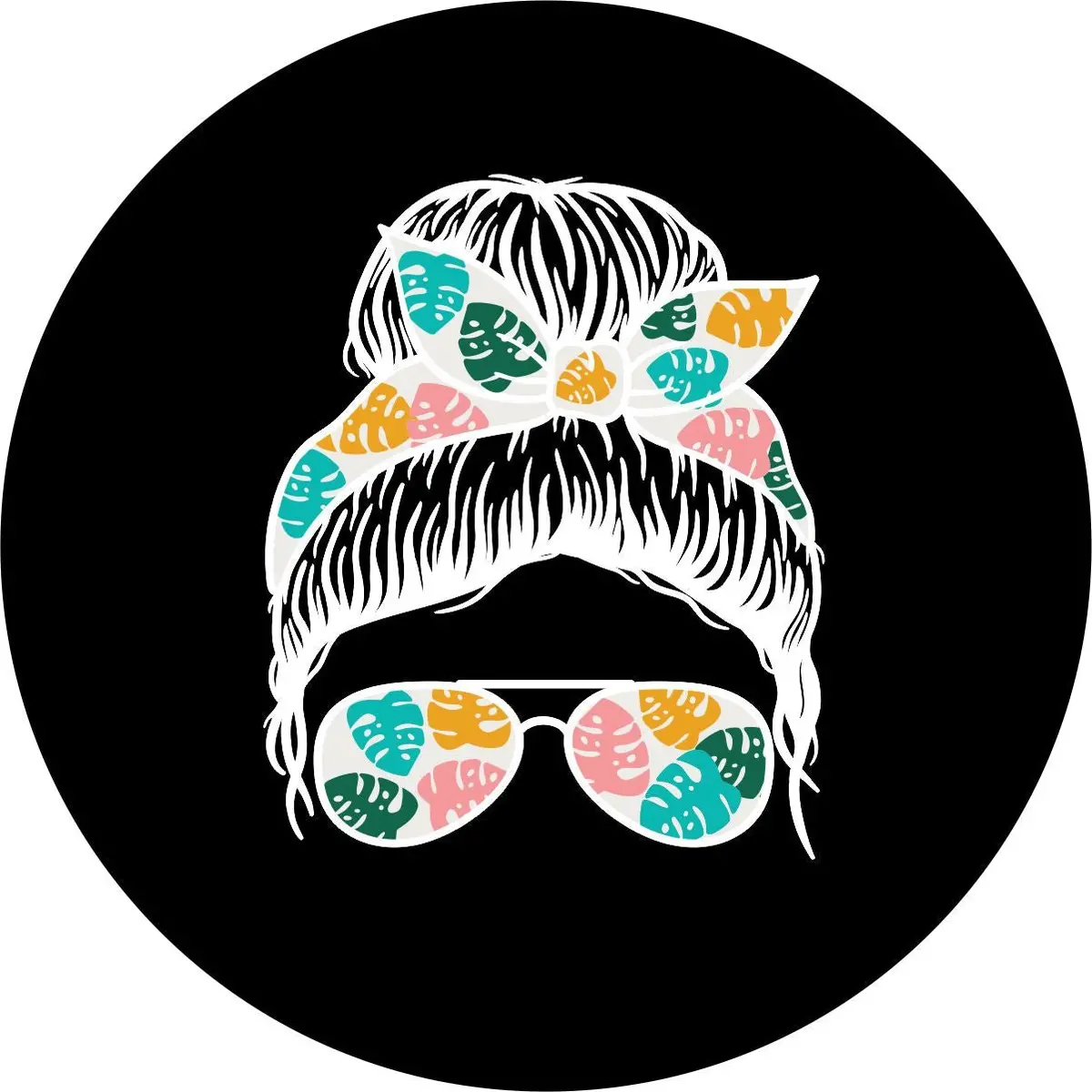 Top Knot Tropical Girl With Sunglasses - Custom Designed Tire Cover For Jeep, Rv, Camper, Etc. 1