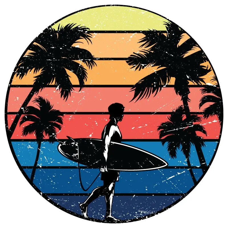 Vintage Surfer & Palm Trees Spare Tire Cover For Jeep, Rv, Bronco & More 1