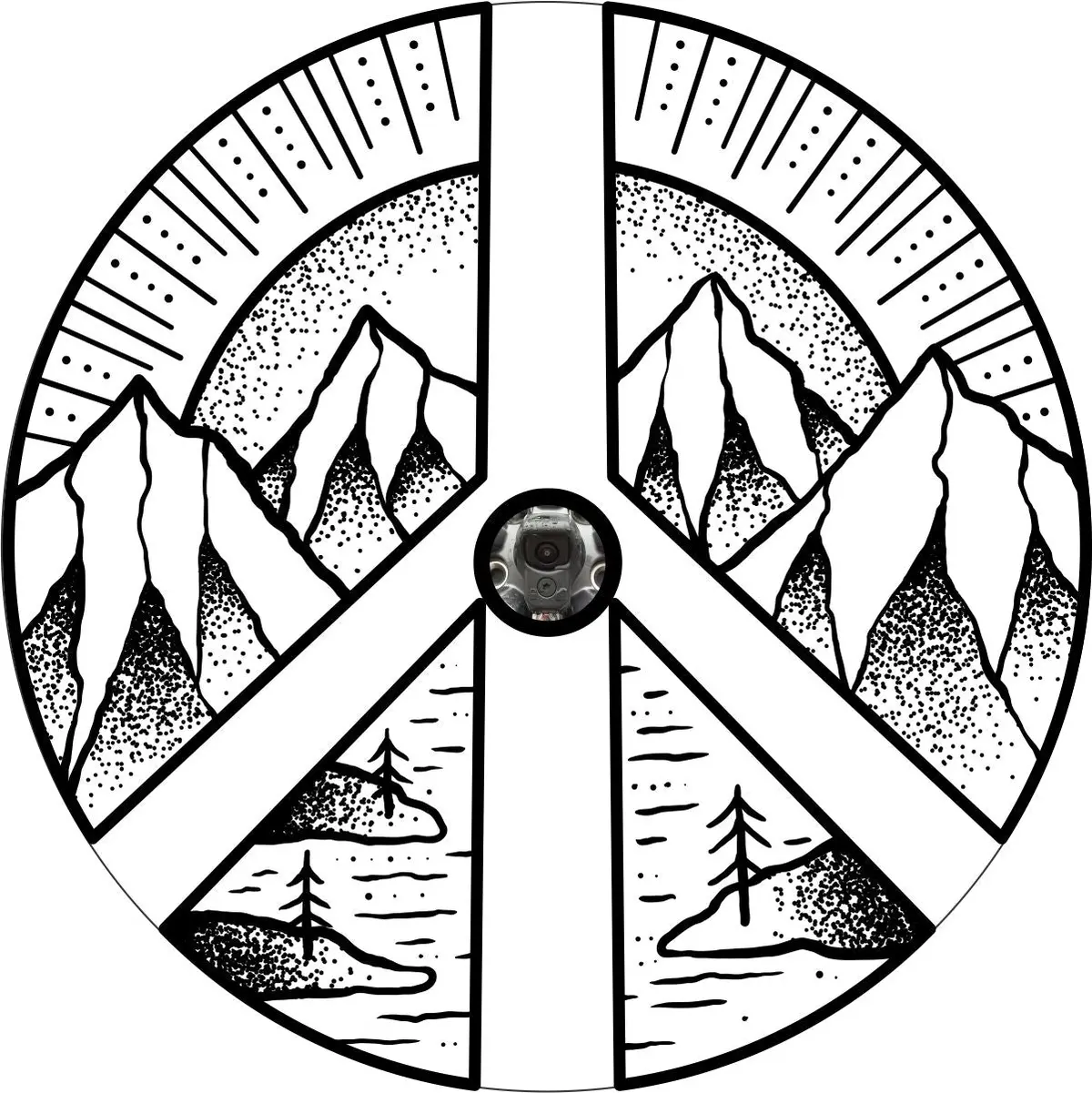 White Vinyl Mountain Peace Sign Spare Tire Cover For Jeep, Rv, Bronco, Camper, Trailer, & More 3