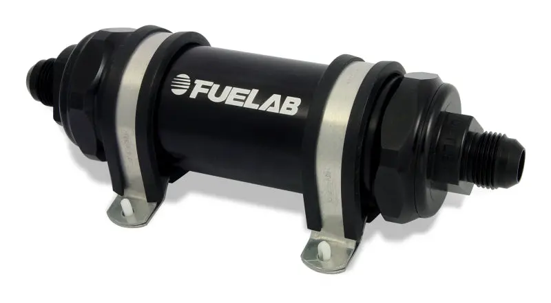 Fuelab 858 In-Line Fuel Filter Long -12An In/-8An Out 40 Micron Stainless W/Check Valve - Black 1
