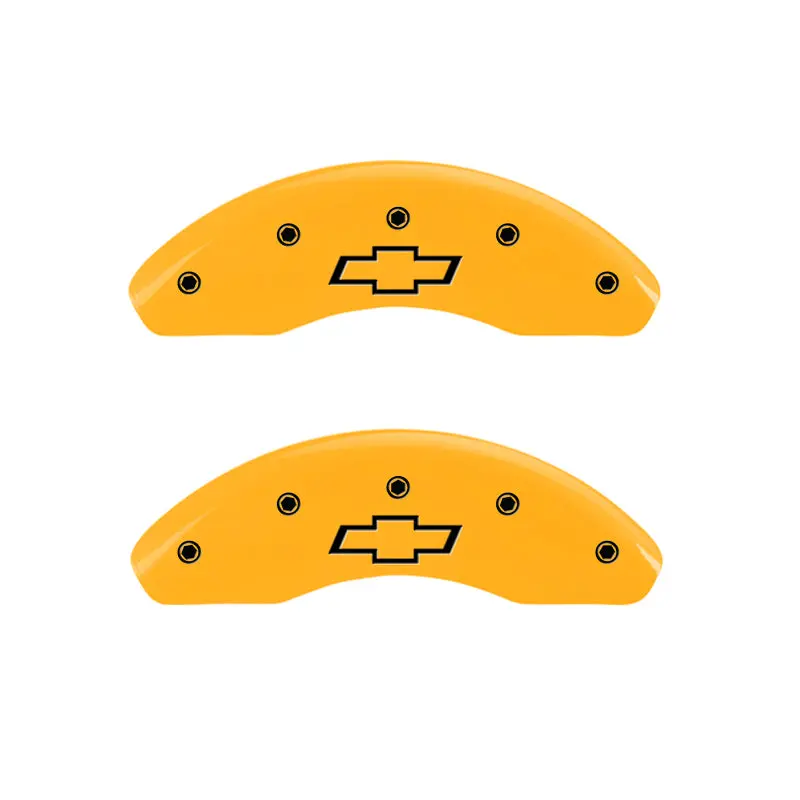 Mgp Engraved 4-Piston Caliper Covers – Front & Rear, Bowtie Design, Yellow Finish On Black Background 1