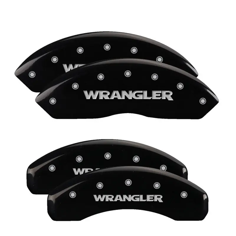 Mgp Engraved 4-Piston Caliper Covers – Front & Rear, Black Finish With Silver Accent, For 2018 Jeep Wrangler 1
