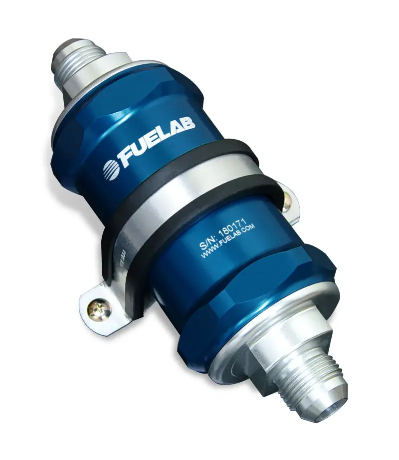 Fuelab 848 Inline Fuel Filter – 6-Micron Fiberglass Element With Check Valve, -10An Inlet / -6An Outlet, Blue Housing 1